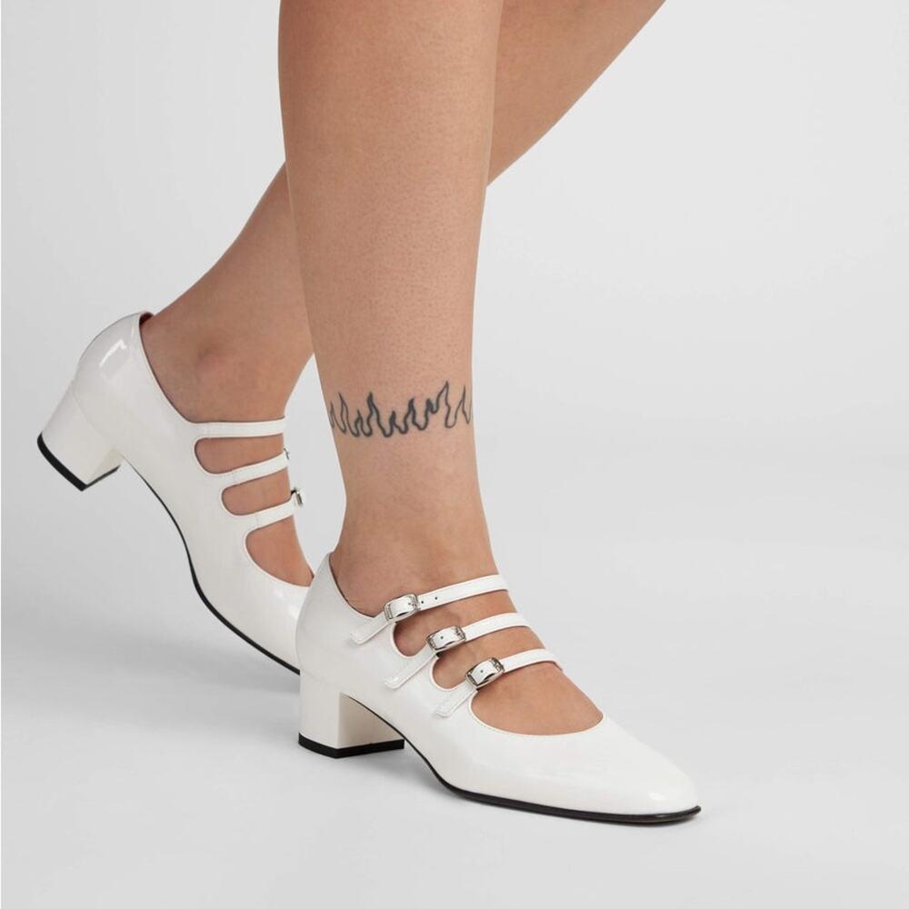 White Triple-Strap Mary Jane Block Heel Sandals